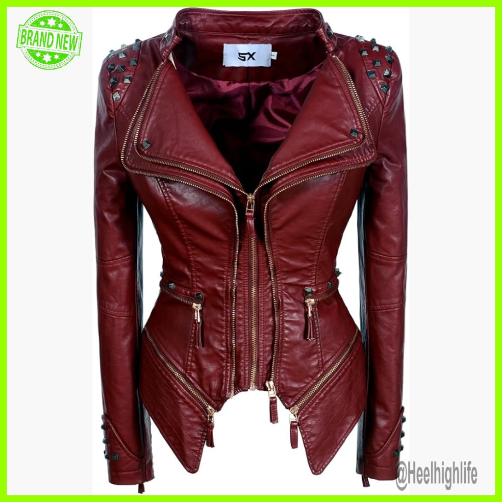 Faux Leather Biker Jacket With Studs, Slim Fit, Long Sleeve